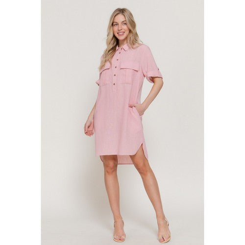 Linen-Look Roll-Up Sleeve Shirt Dress in Pink