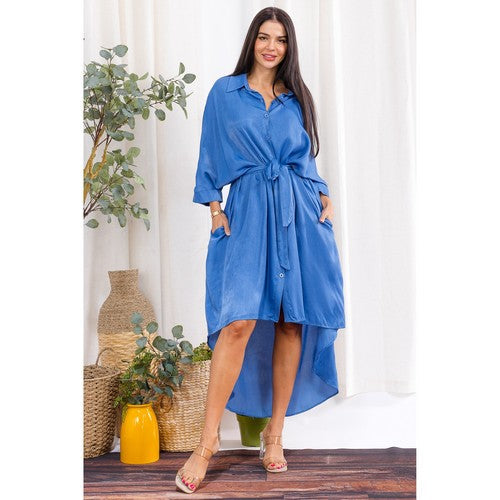 Hi-Lo Belted Denim Shirt Dress in Light Denim