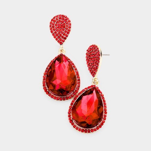 FE1300-G-SI Rhinestone Teardrop Crystal Earrings Red