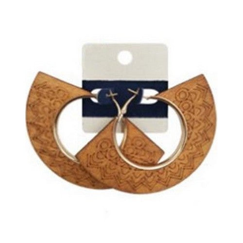 MSER12096 Half Moon Carved Wooden Flat Hoop Earrings Beige