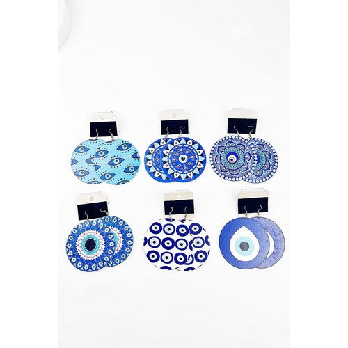 MSER12092 Evil Eye Print Wooden Circle Earrings