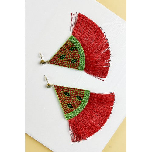 MS-MSER10280 Rhinestone Tassel Fruit Earrings Watermelon