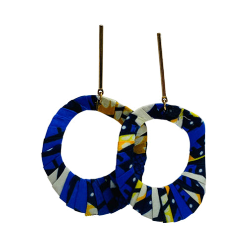 African Fabric Gold Bar Disc Earrings in Blue