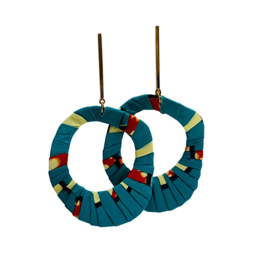 African Fabric Gold Bar Disc Earrings in Teal