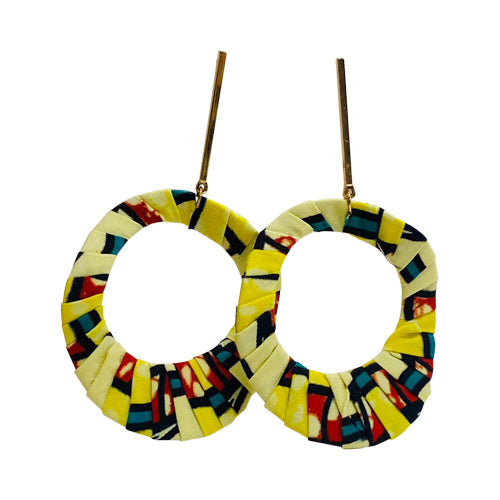 African Fabric Gold Bar Disc Earrings in Yellow