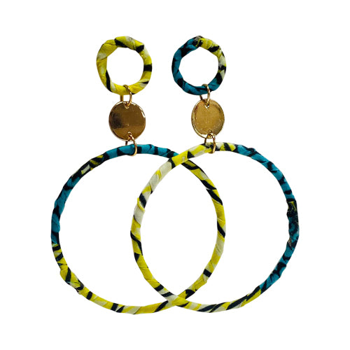 African Fabric Gold Ring Drop Earrings in Teal