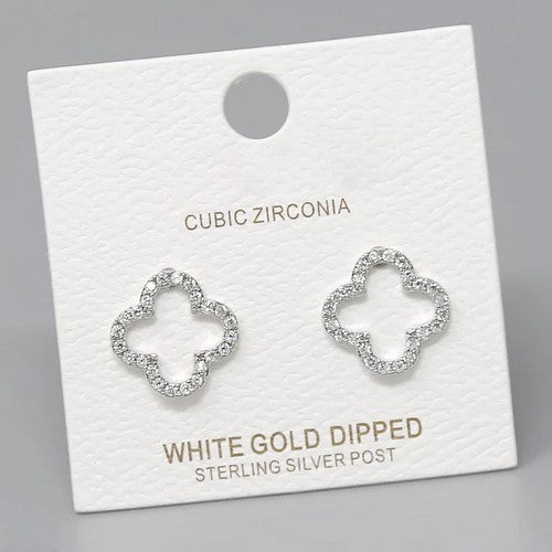 PE1314 Quatrefoil Clover CZ Stopper Stud Earring in White Gold Dipped