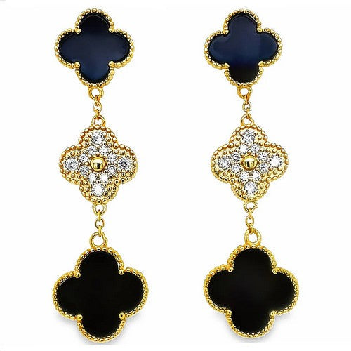 Rhinestone & Enamel Clover Clip-On Earring in Gold & Black