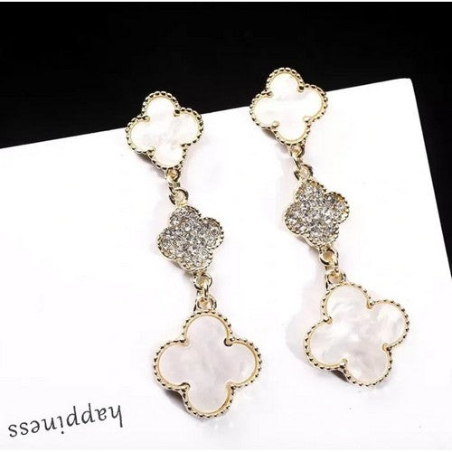 Rhinestone & Enamel Clover Clip-On Earring in Gold & White