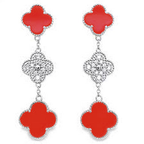 Rhinestone & Enamel Clover Clip-On Earring in Silver & Red