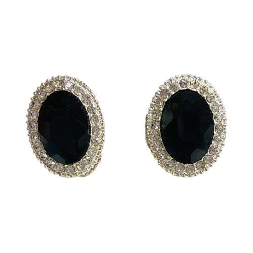 Oval Gem Earring in Silver & Black