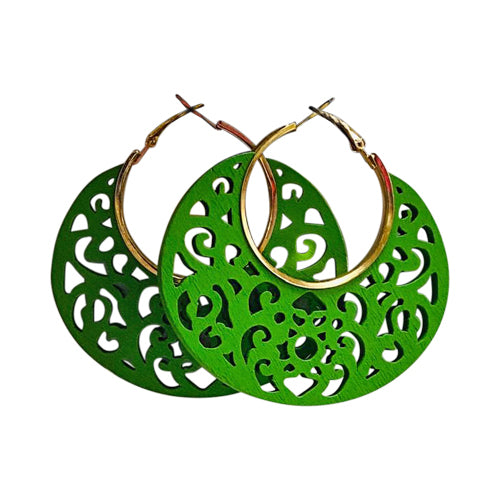 Cut-Out Wooden Disc Hoop Earrings in Green
