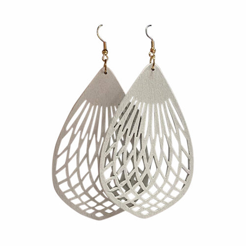 Cut-Out Teardrop Wooden Earrings in White