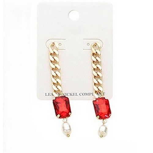 PKE5058 Cuban Chain Gem Earring in Red