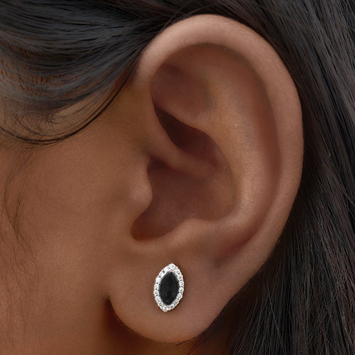 Marquise Halo Gem Silver Stopper Studs in Black