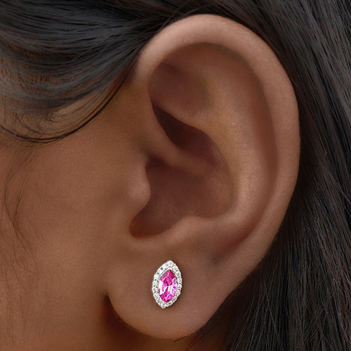 Marquise Halo Gem Silver Stopper Studs in Pink