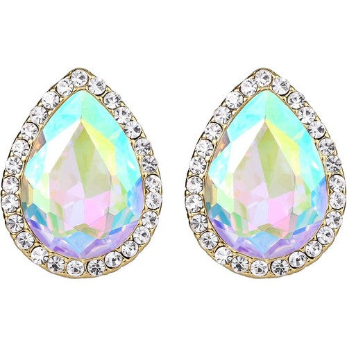 Teardrop Halo Gem Gold Clip-On Earring in AB Crystal