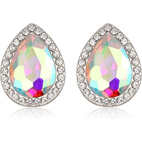 Teardrop Halo Gem Silver Clip-On Earring in AB Crystal