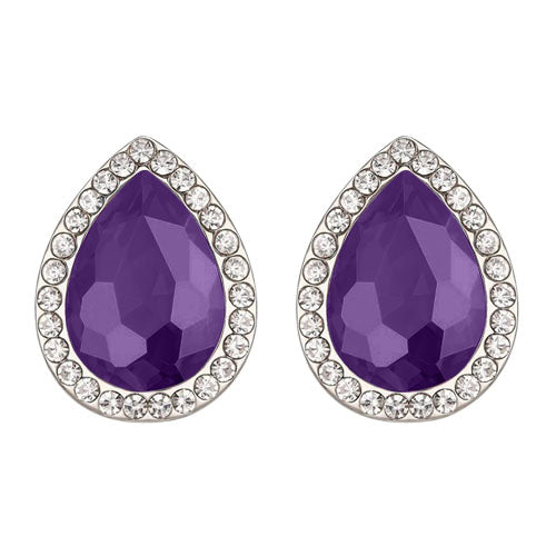 Teardrop Halo Gem Silver Clip-On Earring in Purple