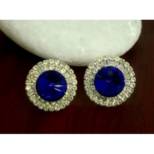 Double Halo Round Rhinestone Silver Clip-On Earring in Navy Blue