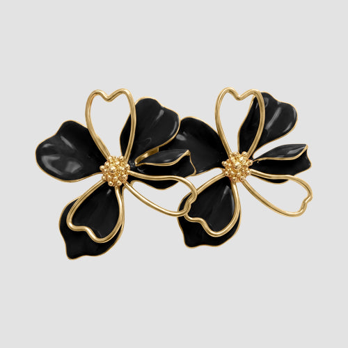 Abstract Double Flower Earrings in Black
