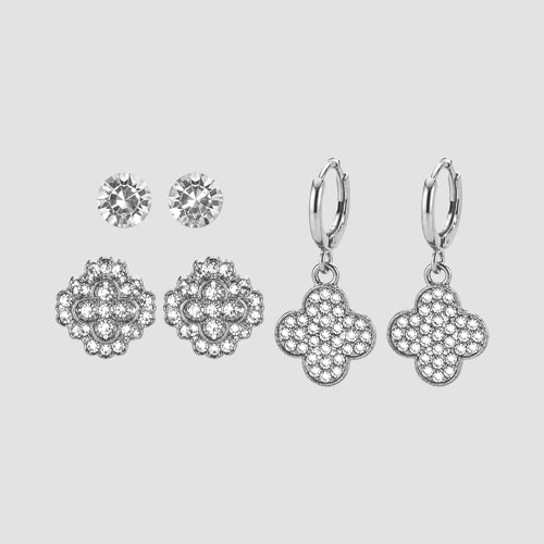 Rhinestone 3-Pair Clover Earrings Set in Silver