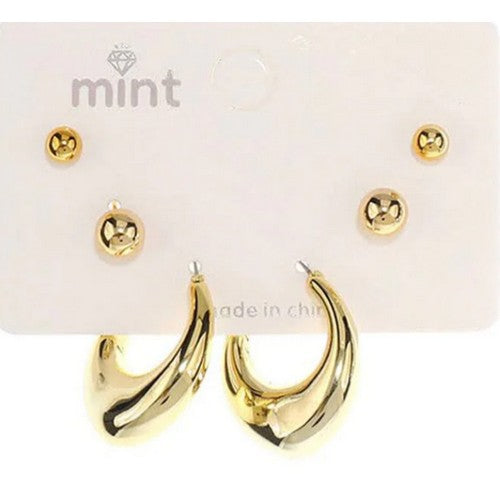 JAE-47068 Point Hoop 3-Pair Earrings Set in Gold