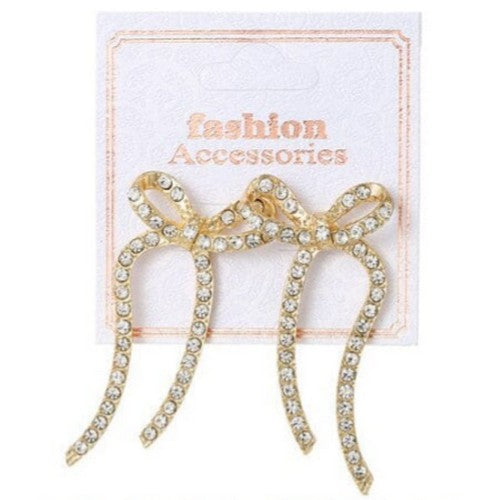 AER 1510 Rhinestone Bow Earrings in Gold & Clear