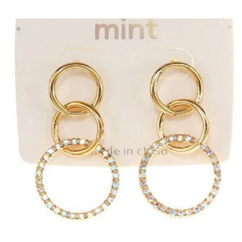 JAE-47244 Triple Ring Rhinestone Drop Earrings Gold & AB