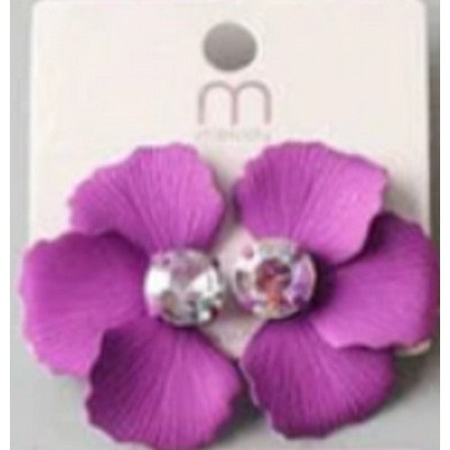 ER 37019R Rhinestone Paint Split Flower Earring in Purple