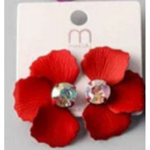 ER 37019R Rhinestone Paint Split Flower Earring in Red