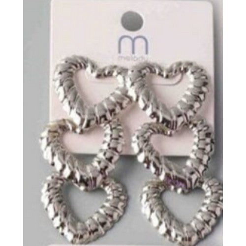 ER 37186GS Ribbed Triple Heart Drop Earrings in Silver