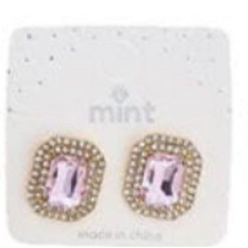 JAE-47287 Cushion Cut Double Halo Rhinestone Gold Earrings in Pink