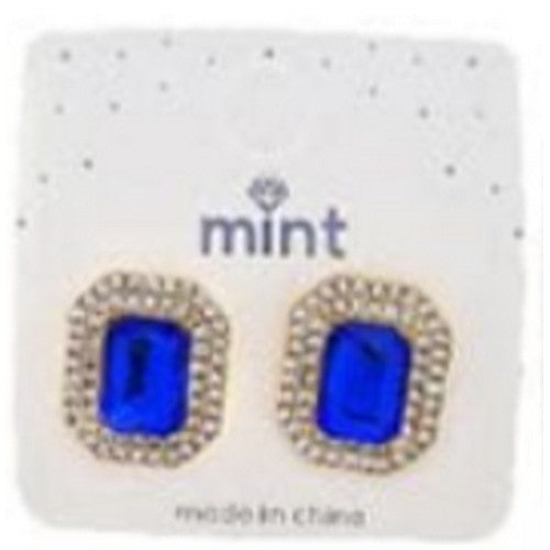 JAE-47287 Cushion Cut Double Halo Rhinestone Gold Earrings in Royal Blue