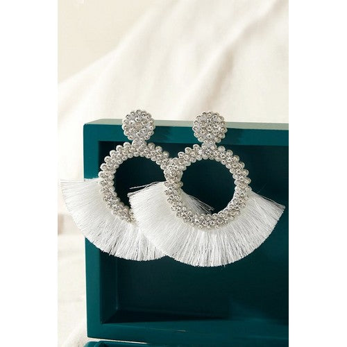 Rhinestone Tassel Ring Earring in White