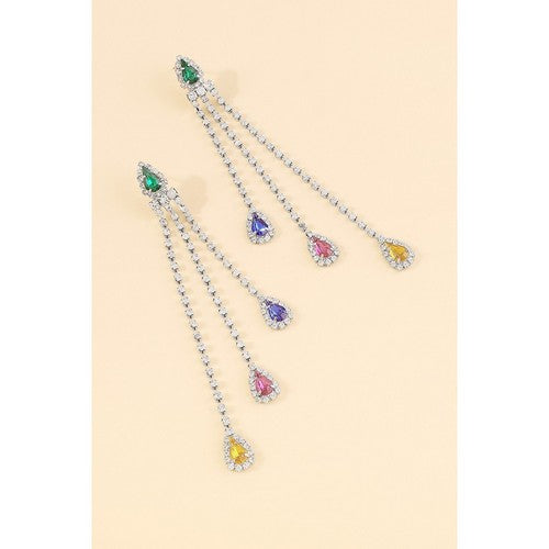 Long Tassel Colourful Rhinestone Strand Earrings in Silver