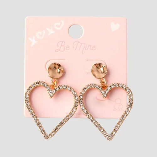 Rhinestone Heart Shape Drop Gold Earring in Clear Crystal