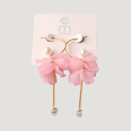 Petals Tassel Crystal Chain Hoop Earring in Light Pink