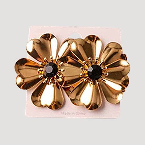 Rhinestone Metal Flower Gold Earring in Black