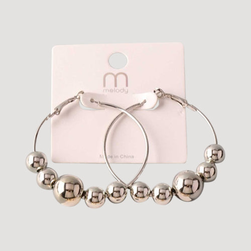 Metal Bead Threaded Hoop Earring in Silver