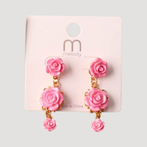 Triple Rose Drop Earring in Pink