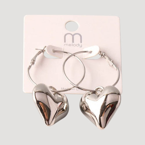 Chunky Heart Charm Hoop Earring in Silver