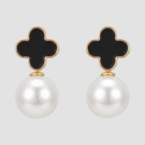 Clover Dangle Pearl Dangle Stud Earrings in Black