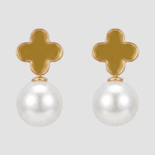Clover Dangle Pearl Dangle Stud Earrings in Mustard