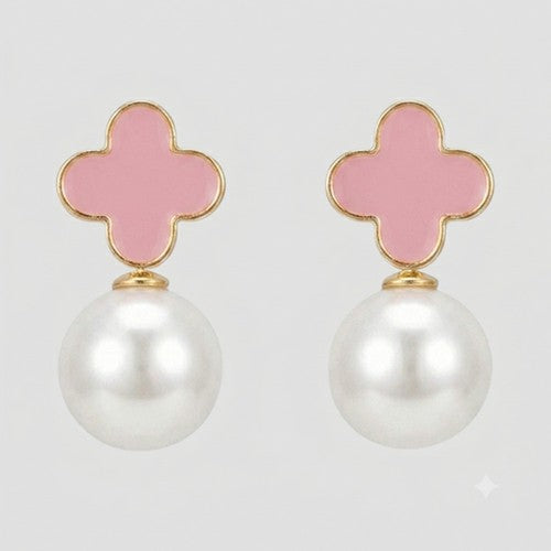 Clover Dangle Pearl Dangle Stud Earrings in Pink