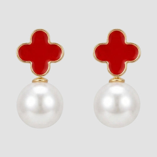 Clover Dangle Pearl Dangle Stud Earrings in Red