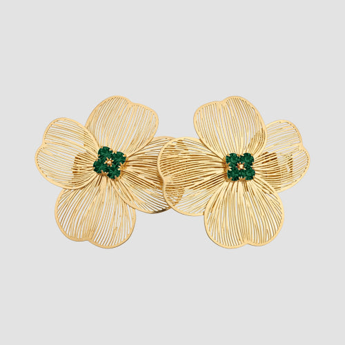 Rhinestone Centre Wire Flower Earrings in Gold & Green