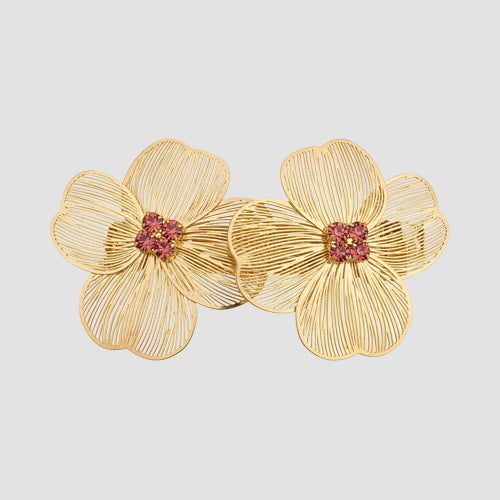 Rhinestone Centre Wire Flower Earrings in Gold & Pink