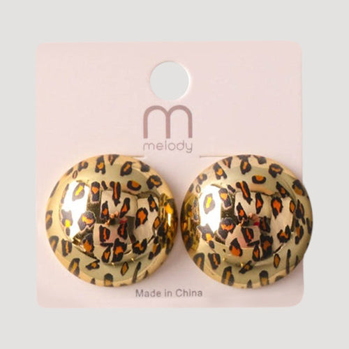Cheetah Metal Orb Button Earring in Gold & Orange