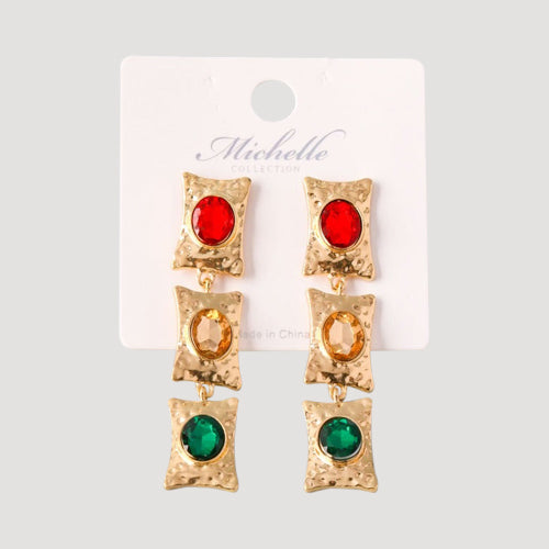 Hammered Gold Dangle Frame Earring in Green, Red & Yellow